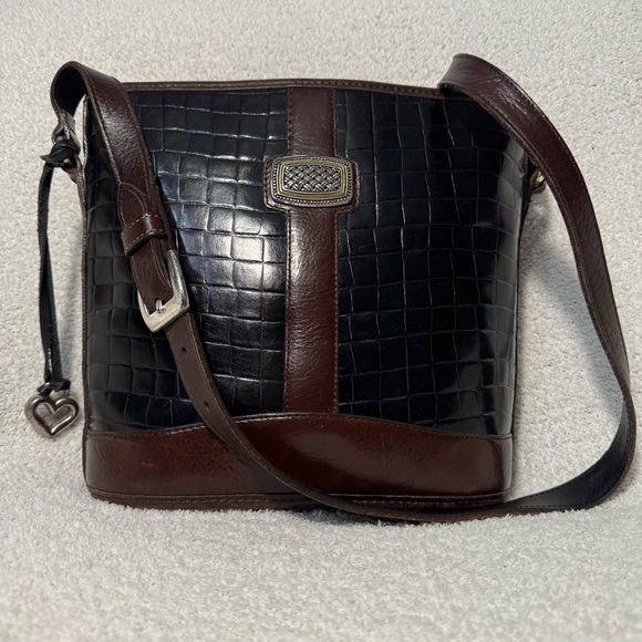 Vintage Brighton Leather Croc Embossed Shoulder Bag Brown Black Bucket Style - Picture 3 of 12